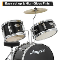 Batterie Garvee Junior 3 pièces avec cymbales, tom, grosse caisse, bois, pédale de grosse caisse, baguettes, tabouret pour chambre d'enfant, débutants, noir, 74 cm (29 pouces)