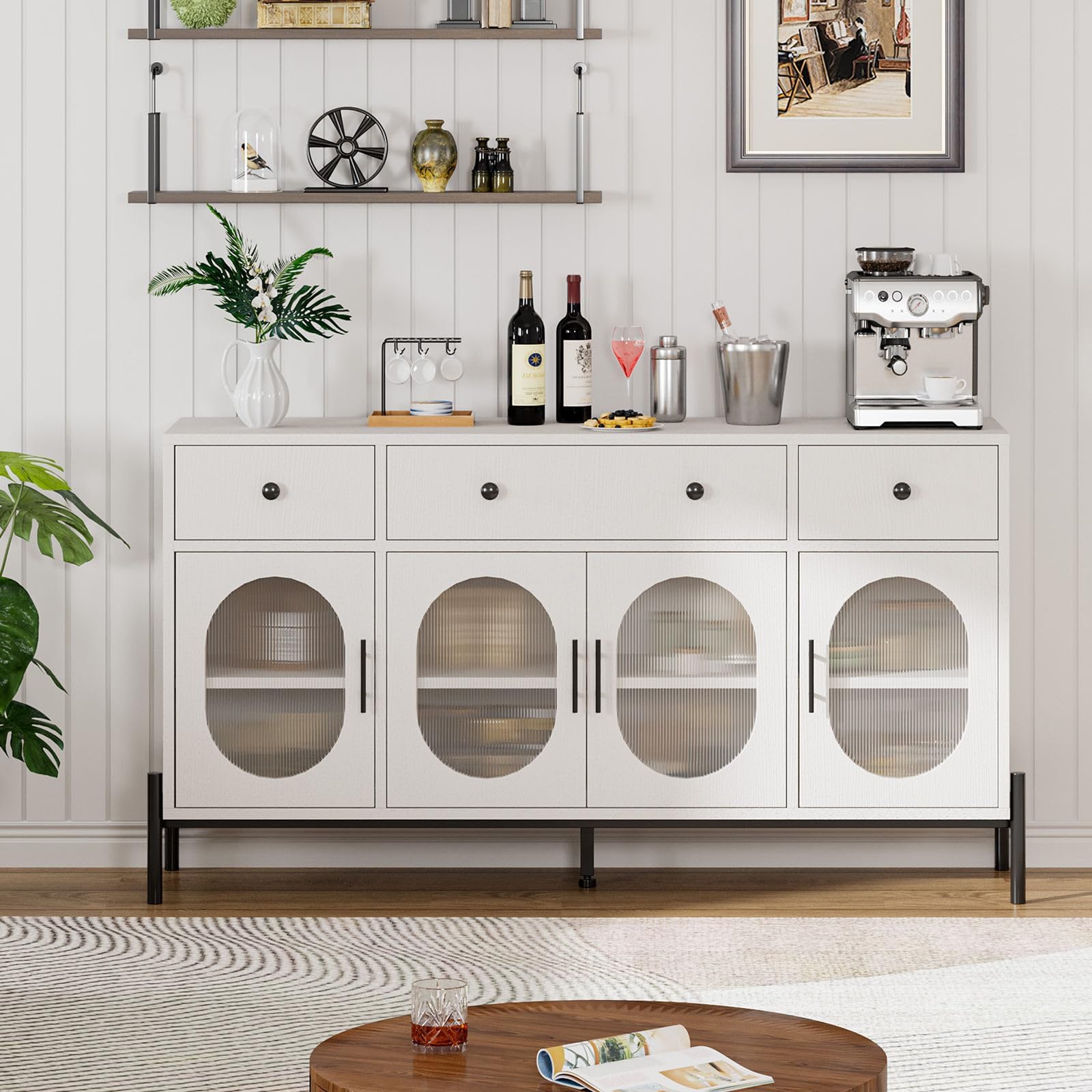 Buffet Garvee 62'' avec rangement, 3 tiroirs, 4 portes vitrées cannelées pour cuisine et salle à manger, bois et métal, robuste et polyvalent