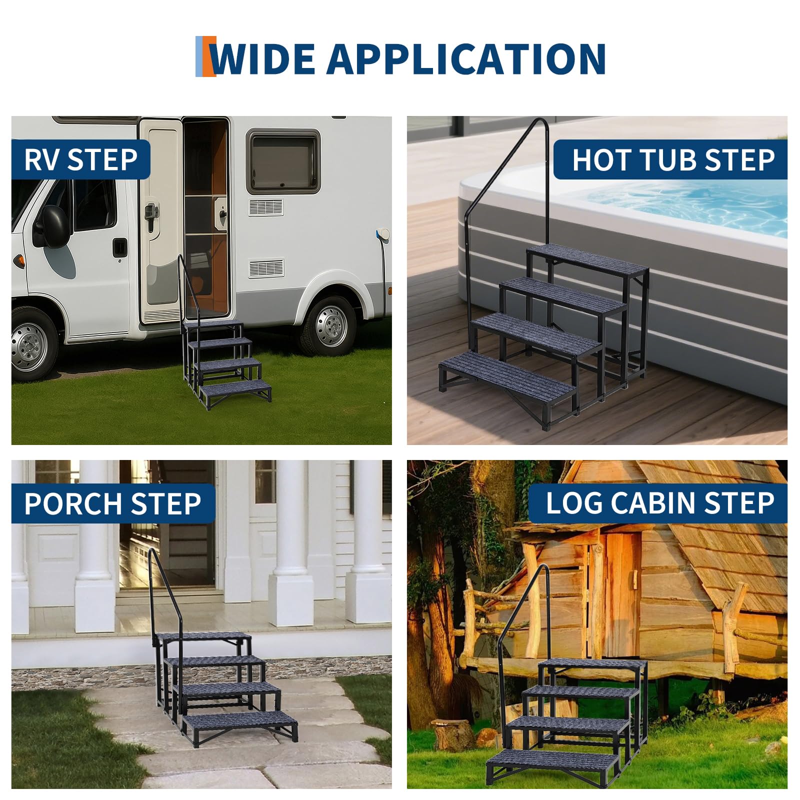 Escalier Garvee à 4 marches pour VR avec rampe, tapis antidérapants, capacité de charge de 300 kg, acier, portable, pour caravanes et piscines, montage rapide