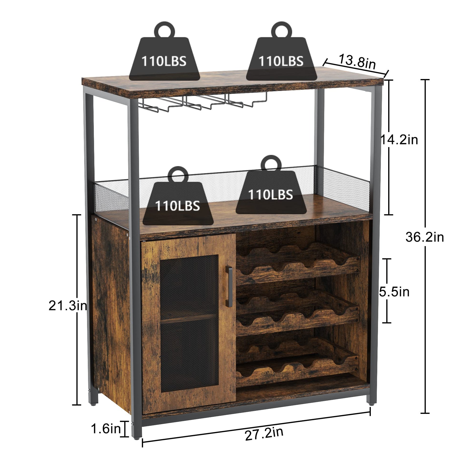 Meuble bar à vin Garvee à 3 niveaux avec casier à bouteilles amovible, porte-verres et porte grillagée pour cuisine et salon, 69 cm L x 35 cm P x 92 cm H, MDF et fer, polyvalent