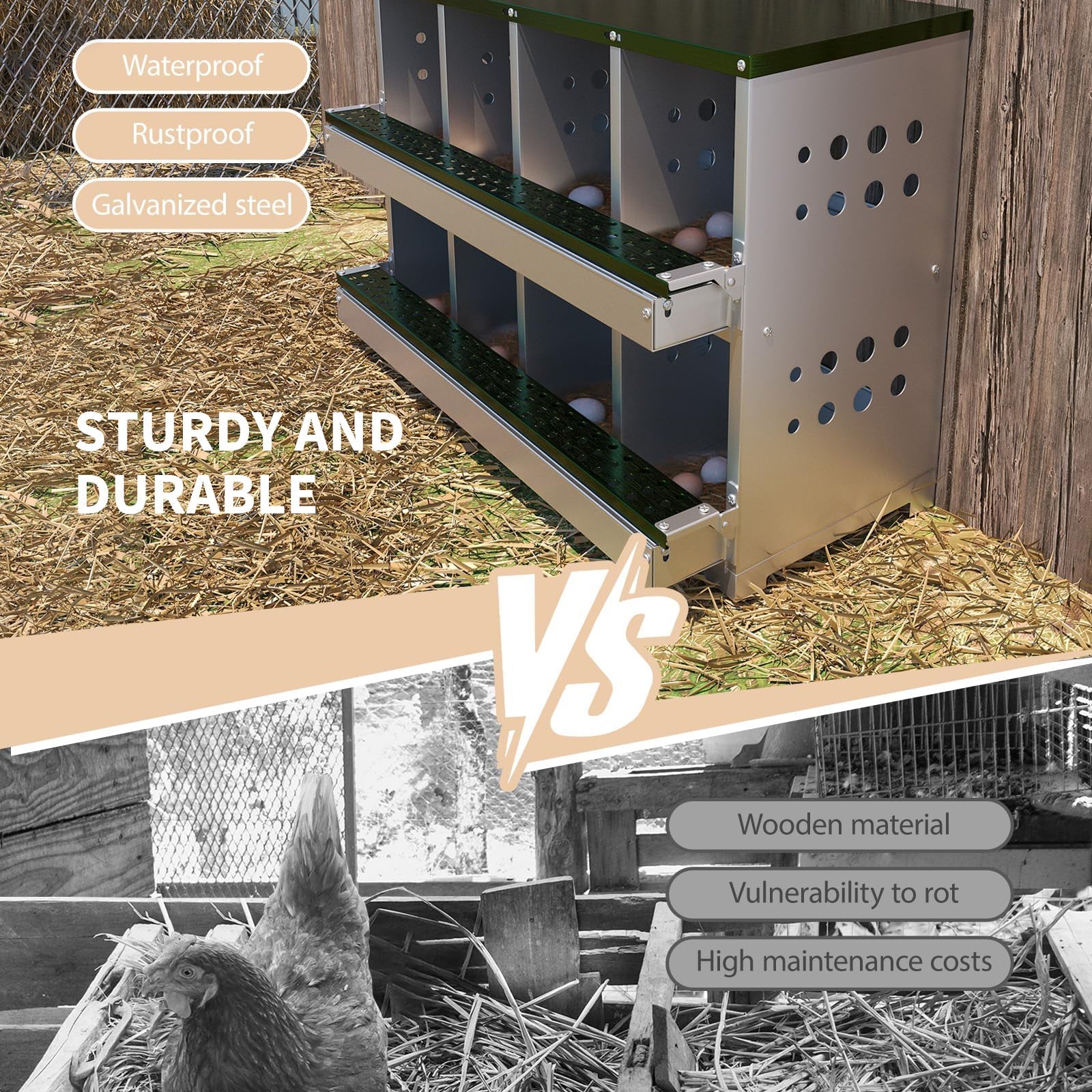 Nichoir métallique Garvee à 8 compartiments, dimensions totales : 92 x 42 x 63 cm, dimensions par compartiment : 23 x 25 x 21,5 cm, acier galvanisé, étanche, pour 8 à 12 poules (vert)