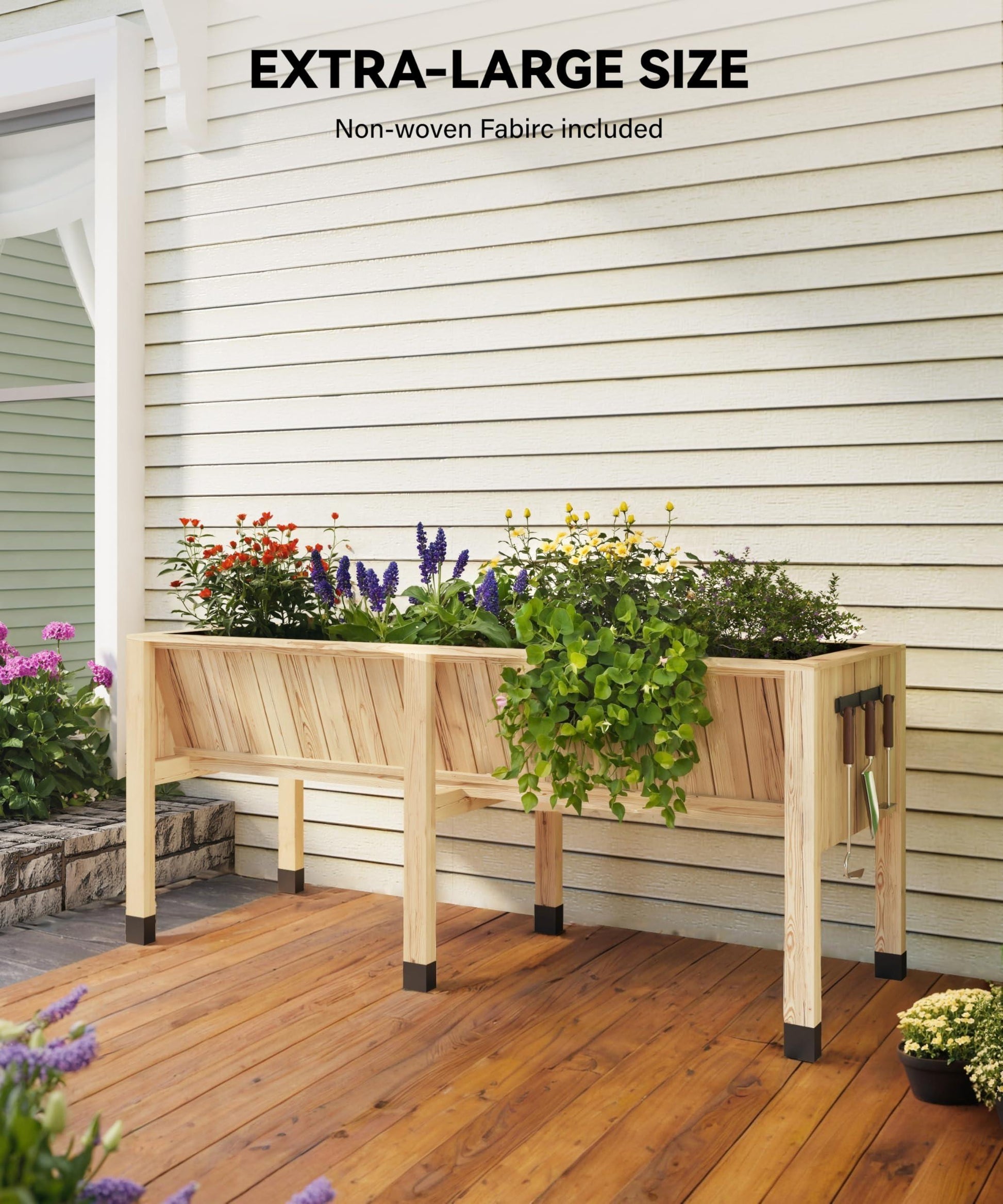 Garvee Jardinière surélevée en cèdre naturel 183 x 66 x 77 cm, avec crochets, stable et ergonomique, pour plantes, patio et balcon, couleur naturelle