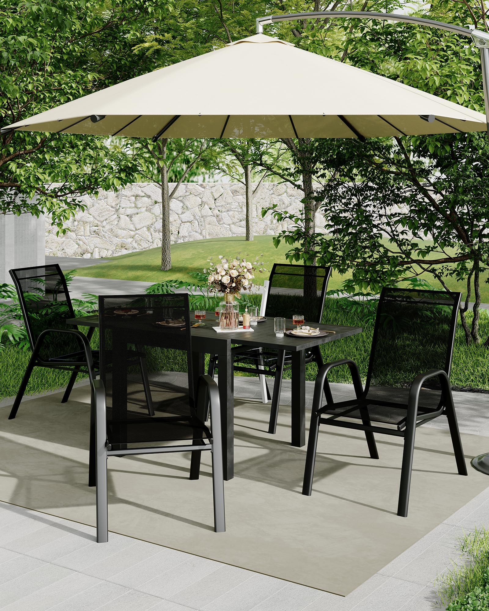 Ensemble de 4 chaises de jardin Garvee, empilables, légères, en tissu Teslin respirant, résistantes aux intempéries, noires, pour jardin et piscine, 61,5 cm (P) x 60 cm (L) x 96 cm (H)