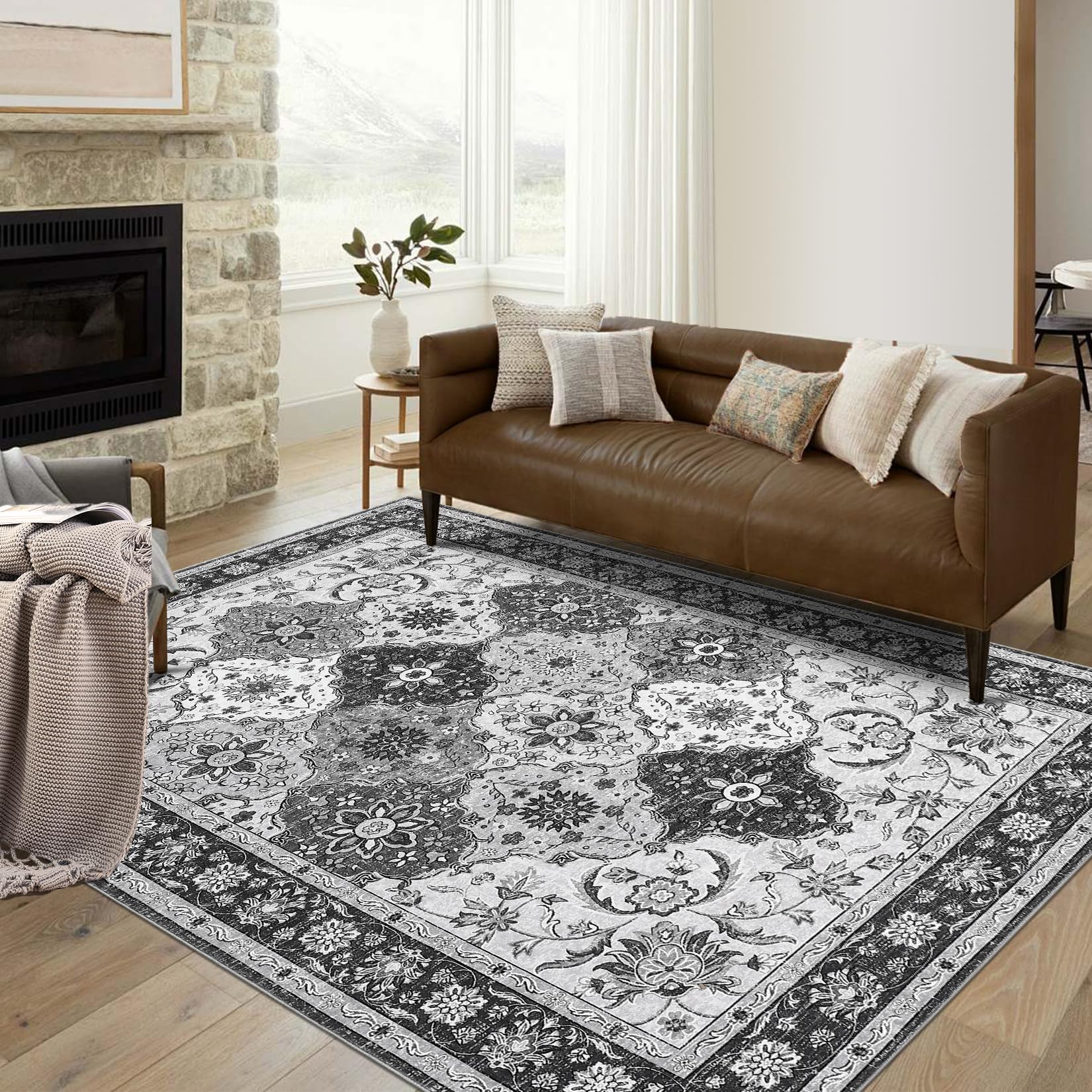 Tapis Garvee lavables à motif treillis vintage pour salon, chambre, bureau, chambre d'enfant, style oriental, à poils courts, neutre, antidérapant, grand format