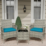 Garvee Salon de jardin 3 pièces en rotin, 2 fauteuils avec coussins et table basse, mobilier terrasse compact, gris et bleu paon - Gris et bleu paon