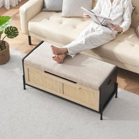 Banc de rangement en rotin Garvee 39,4 po avec coussin d'assise, 2 charnières de sécurité, coffre de rangement, banc à chaussures, chêne et noir pour salon et couloir