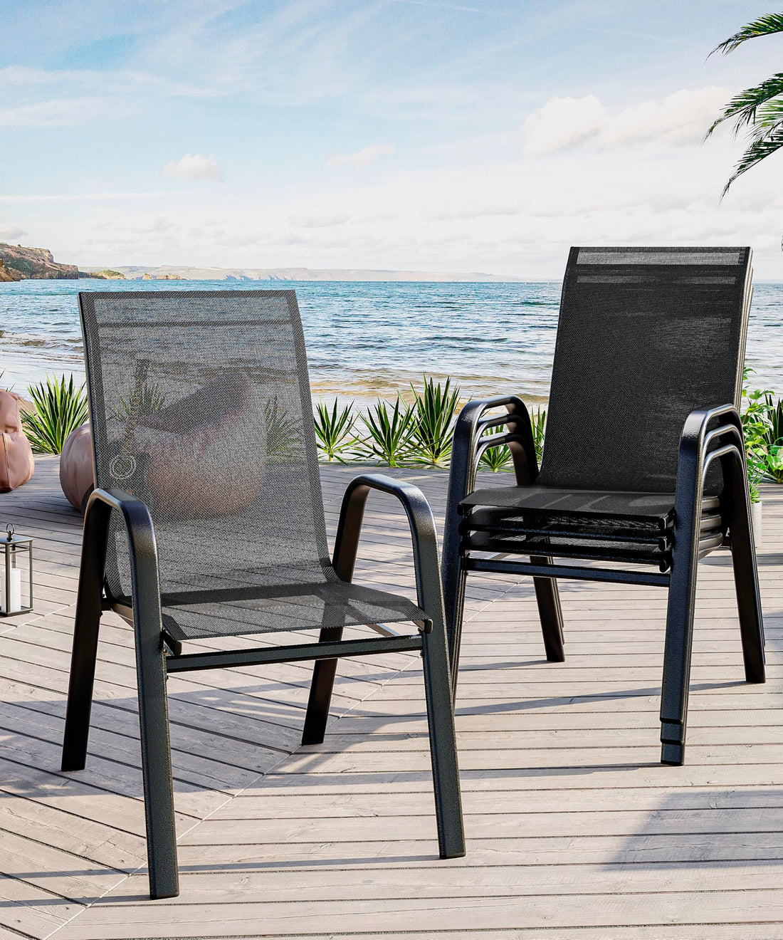 Ensemble de 4 chaises de jardin Garvee, empilables, légères, en tissu Teslin respirant, résistantes aux intempéries, noires, pour jardin et piscine, 61,5 cm (P) x 60 cm (L) x 96 cm (H)