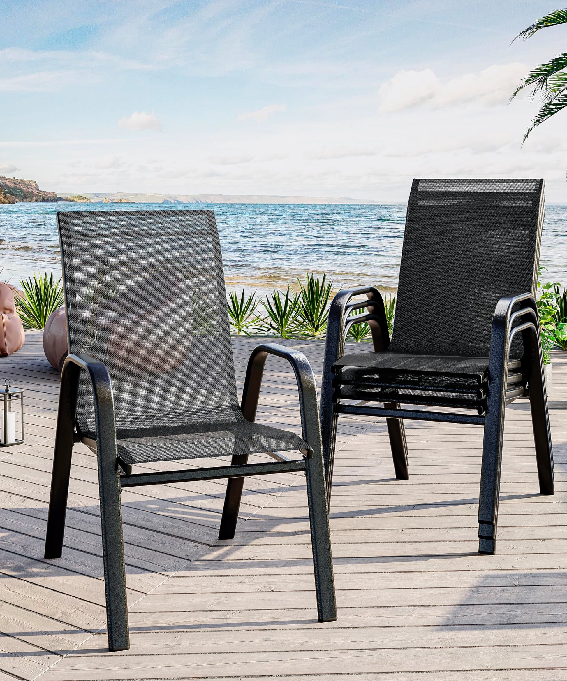 Ensemble de 4 chaises de jardin Garvee, empilables, légères, en tissu Teslin respirant, résistantes aux intempéries, noires, pour jardin et piscine, 61,5 cm (P) x 60 cm (L) x 96 cm (H)