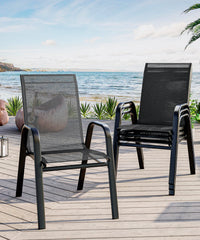 Ensemble de 4 chaises de jardin Garvee, empilables, légères, en tissu Teslin respirant, résistantes aux intempéries, noires, pour jardin et piscine, 61,5 cm (P) x 60 cm (L) x 96 cm (H)