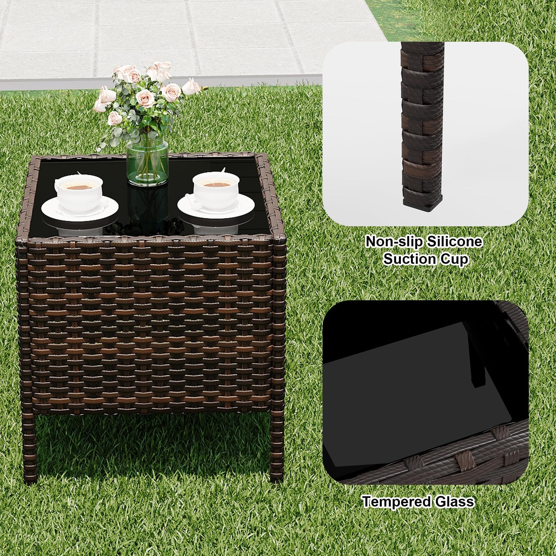 Ensemble de mobilier de jardin Garvee, 3 pièces, rotin PE, chaises ergonomiques, table en verre, résistant aux intempéries, marron-beige, balcon, jardin