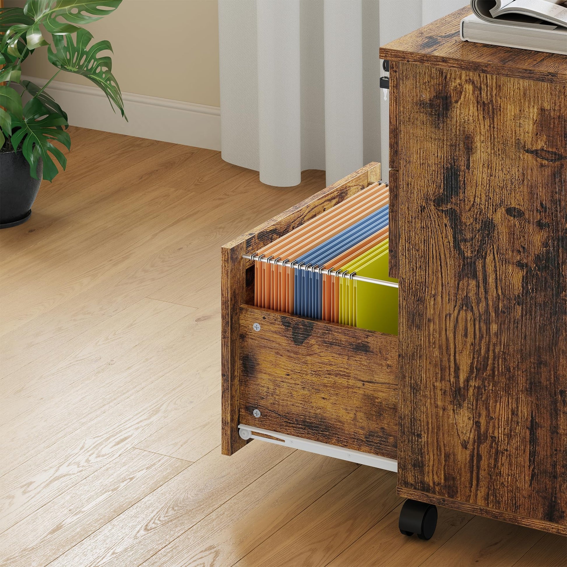 Classeur mobile Garvee à 3 tiroirs avec serrure, en bois résistant aux rayures, robuste et équipé de roulettes verrouillables, idéal pour le bureau et le télétravail.