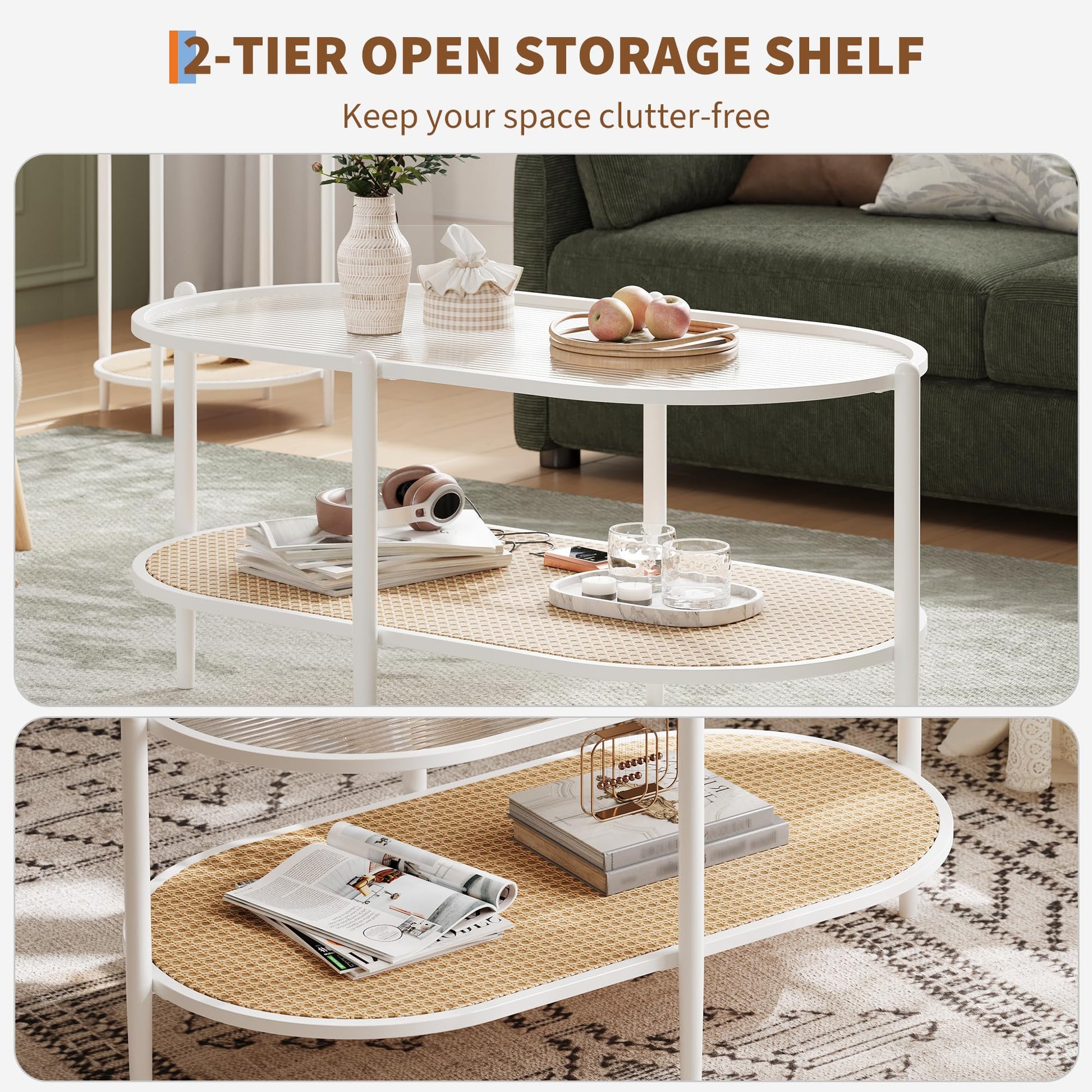Table basse ovale Garvee à 2 niveaux en rotin avec structure en métal et plateau en verre trempé, idéale pour le salon et le bureau, blanche.