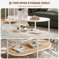 Table basse ovale Garvee à 2 niveaux en rotin avec structure en métal et plateau en verre trempé, idéale pour le salon et le bureau, blanche.