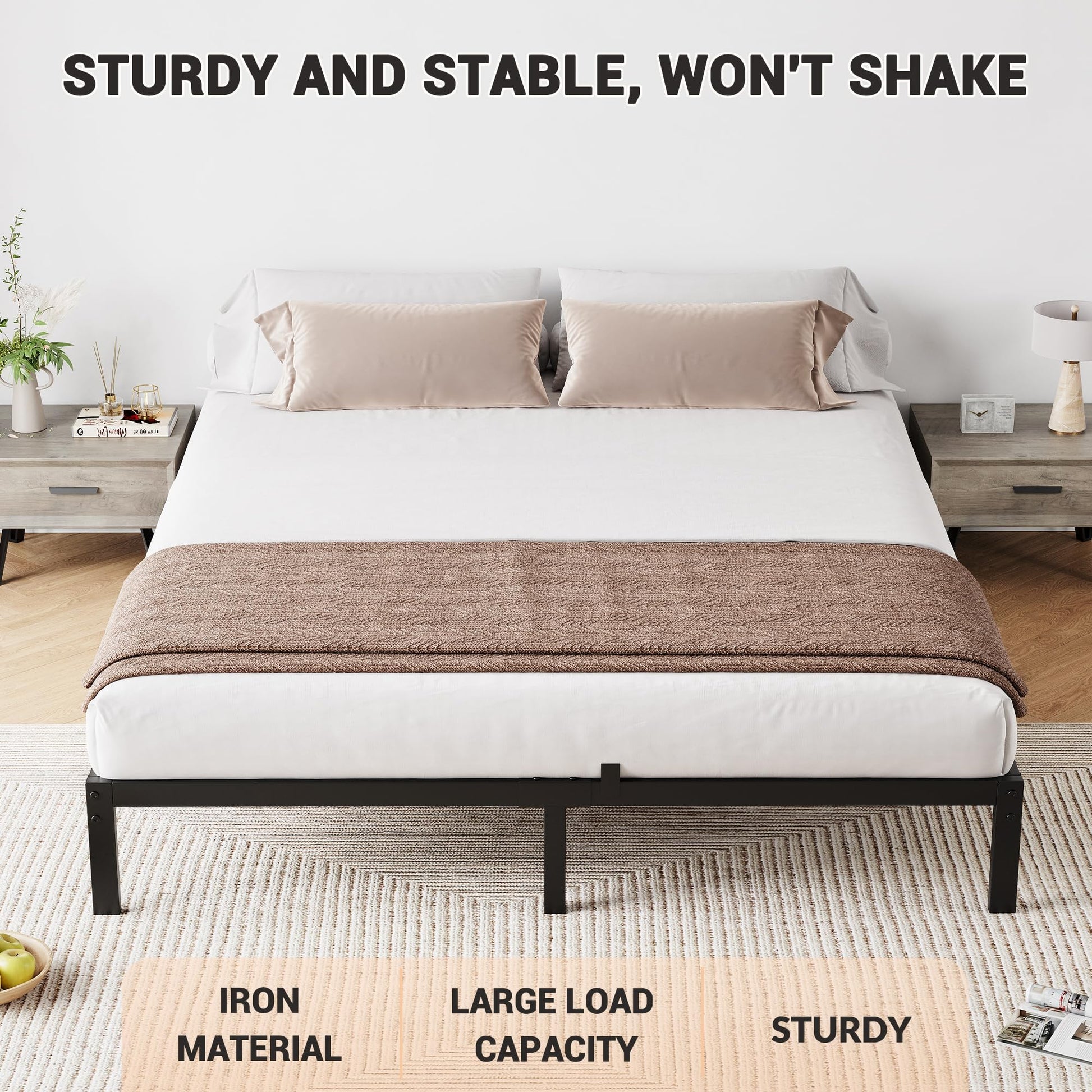 Cadre de lit Garvee Queen en métal de 35,5 cm (14 pouces) avec lattes métalliques robustes pour chambre à coucher, hauteur de 35,5 cm (14 pouces), noir, silencieux, sans sommier requis