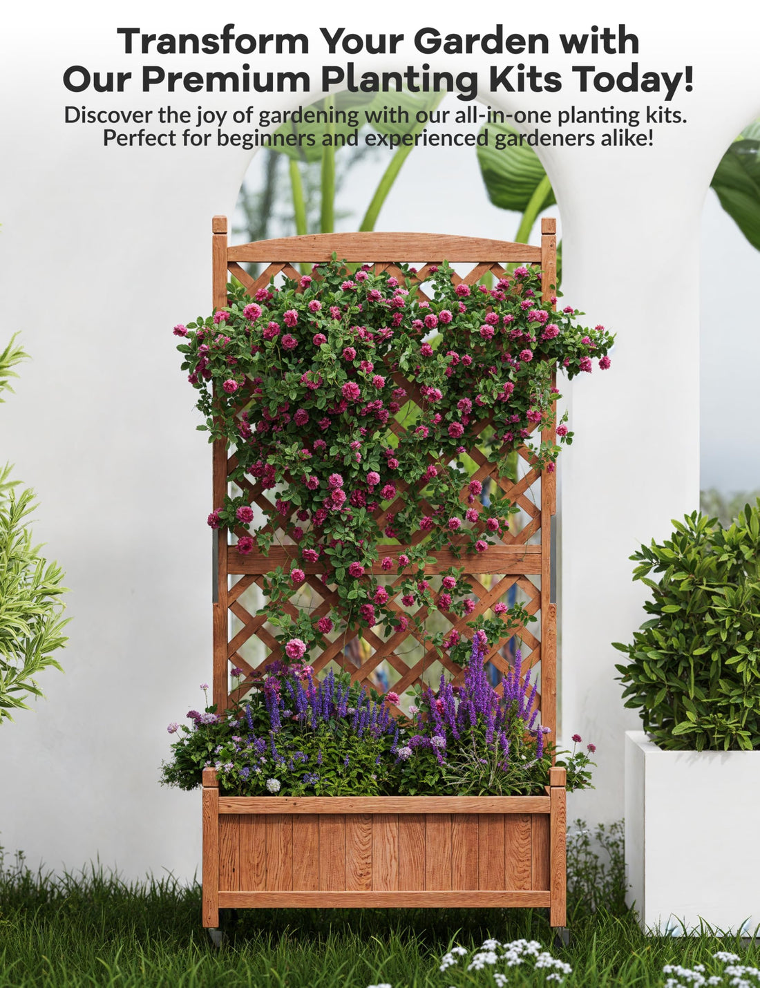 Garvee Jardinière en bois avec treillis et roues pour terrasse et jardin, 75 x 33 x 150 cm, marron.