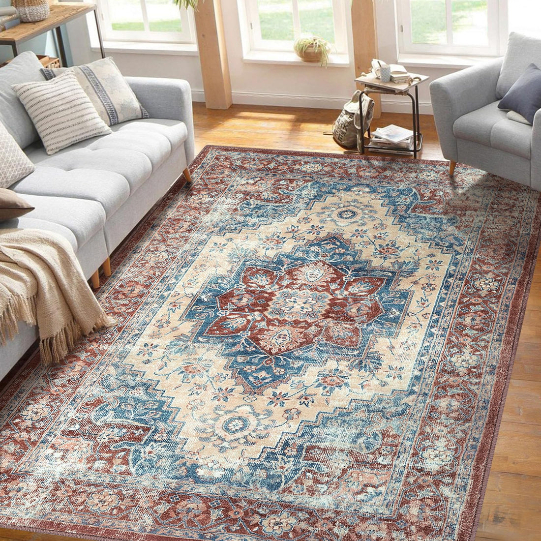 Tapis Garvee traditionnel vintage, motif oriental, antidérapant, lavable, 160 x 230 cm, couleur rouille, pour salon et salle à manger