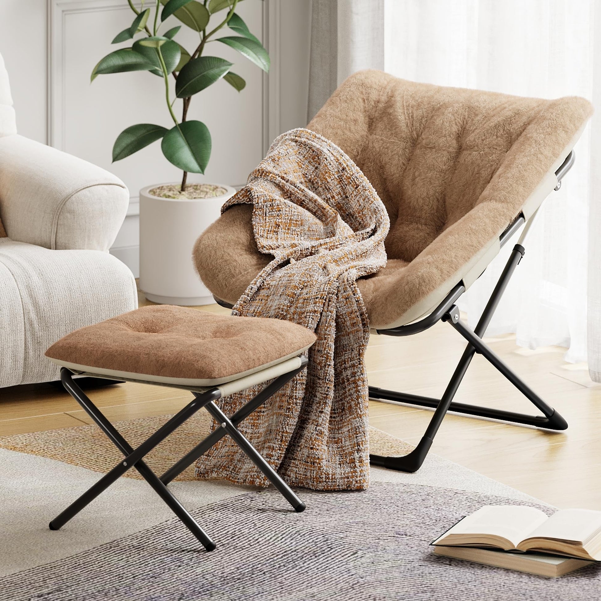 Fauteuil confortable Garvee surdimensionné en fausse fourrure, structure en métal, pliable, multicolore, pour salon et chambre à coucher