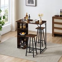 Ensemble table et chaises de bar Garvee, 3 pièces, brun rustique avec rangement, hauteur réglable, pour coin cuisine/petit-déjeuner, MDF/acier