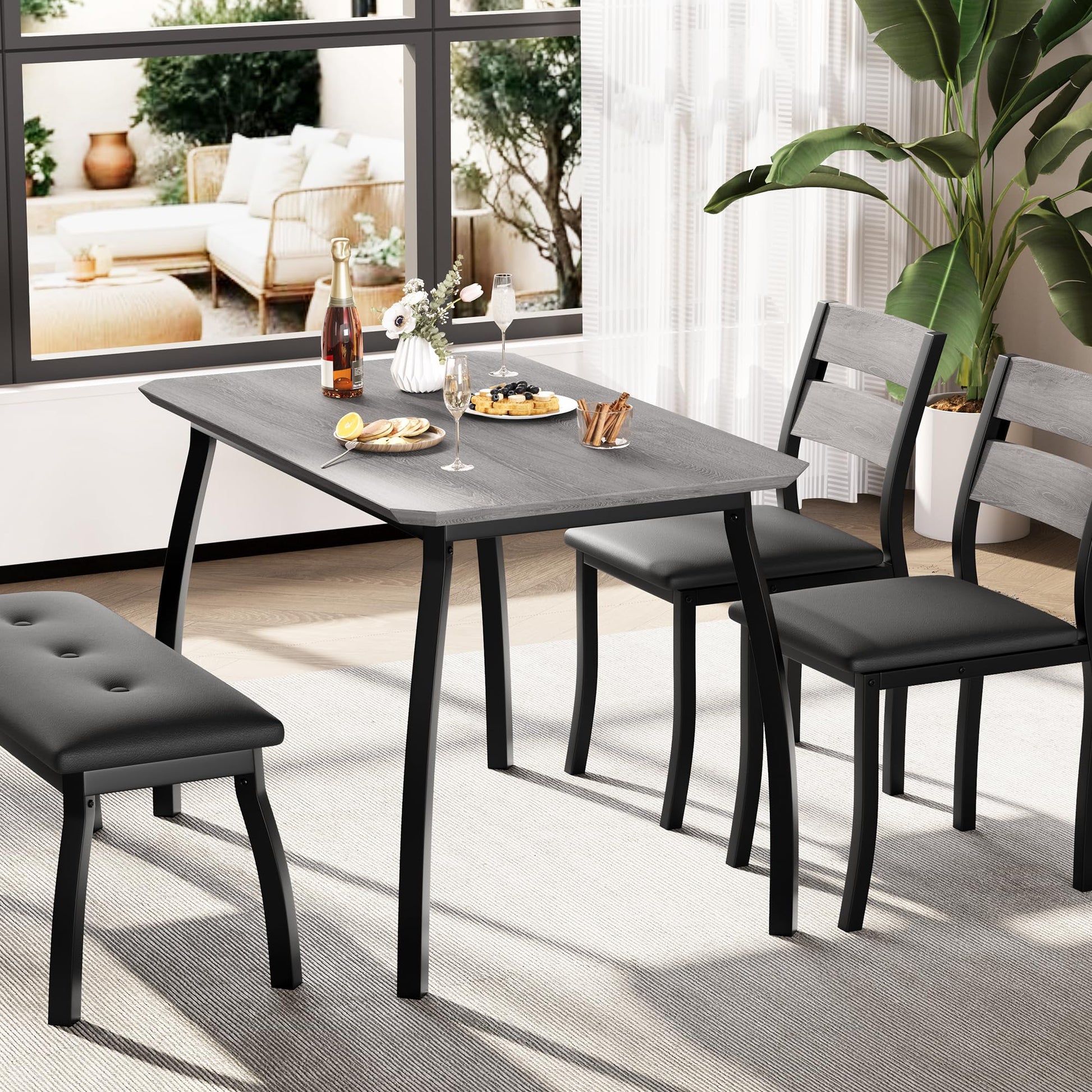Ensemble de salle à manger Garvee pour 4 personnes, table robuste en bois avec pieds en métal, banc rembourré et 2 chaises, design moderne, gain de place, gris