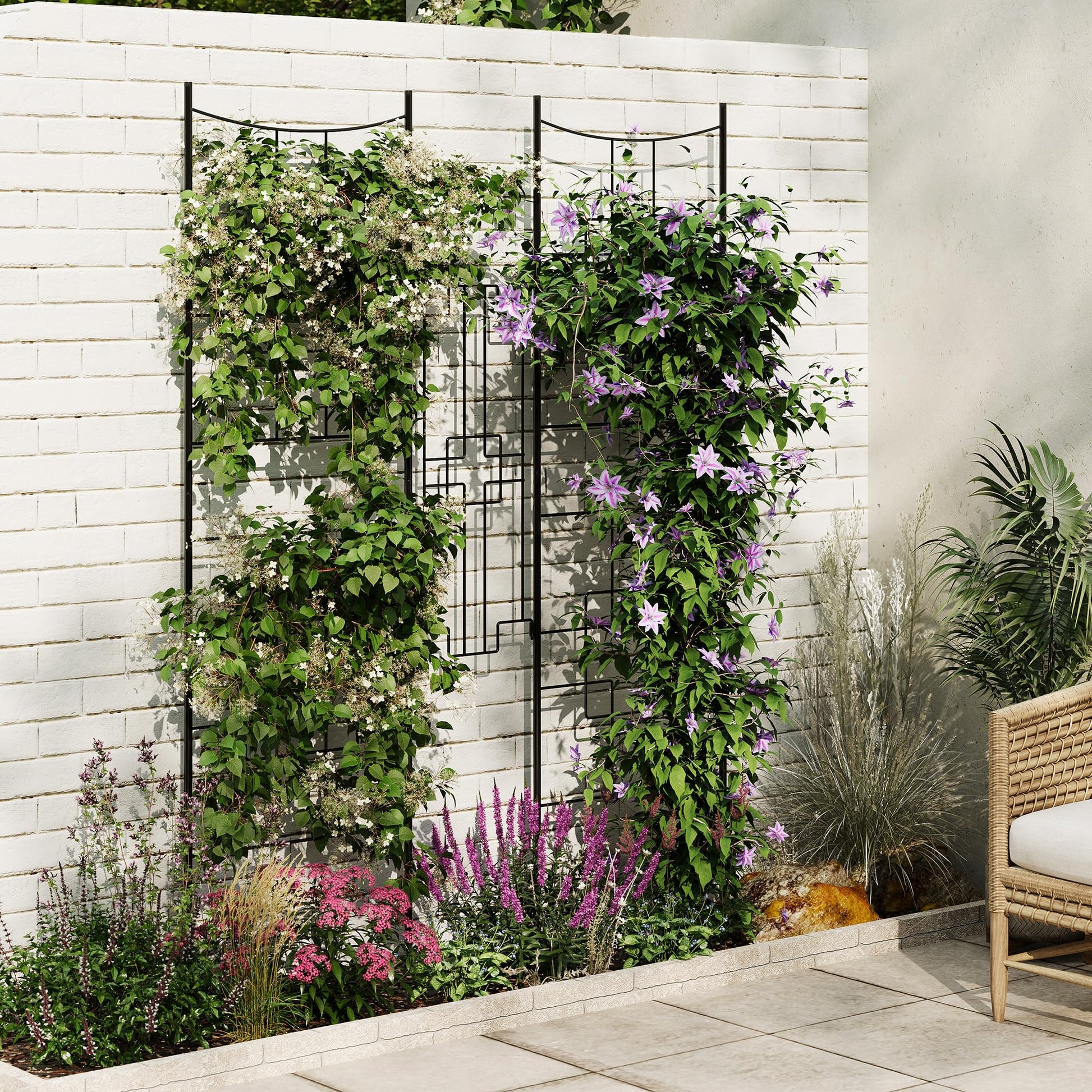 Treillis métallique Garvee en 2 pièces pour plantes grimpantes, 190 x 51 cm, antirouille, revêtement en poudre, 4 panneaux, noir, pour terrasse et jardin.