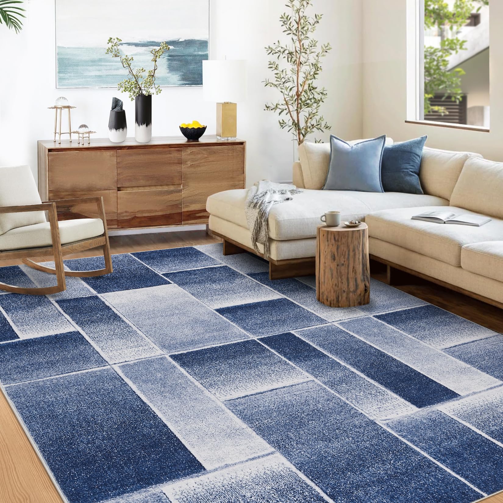 Tapis Garvee moderne à poils courts et coupe contour, motif géométrique pour salon et chambre, 200 x 290 cm, bleu