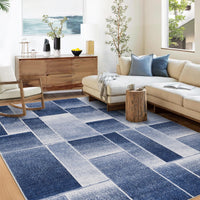 Tapis Garvee moderne à poils courts et coupe contour, motif géométrique pour salon et chambre, 200 x 290 cm, bleu