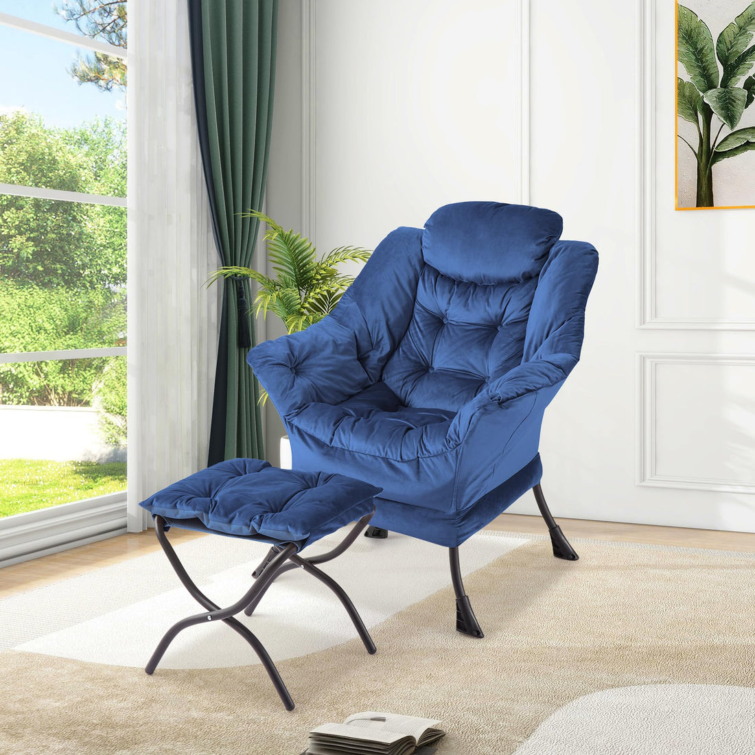 Garvee Fauteuil relax avec ottoman, repose-pieds pliable, structure en acier, ergonomique, bleu foncé, pour salon et bureau