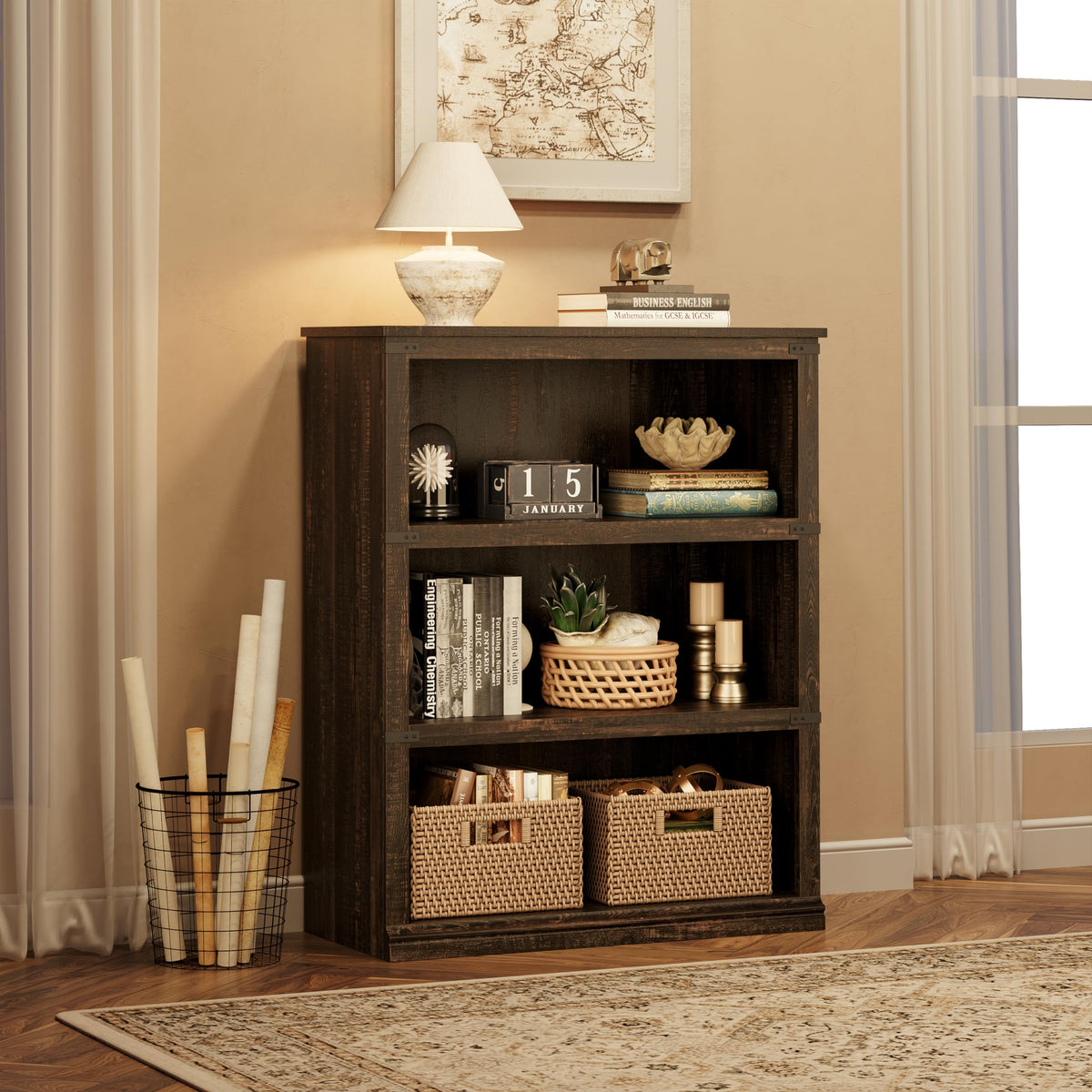 Garvee bibliothèque basse 80 × 31 × 102 cm, 4 niveaux ouverts, finition chêne, style industriel