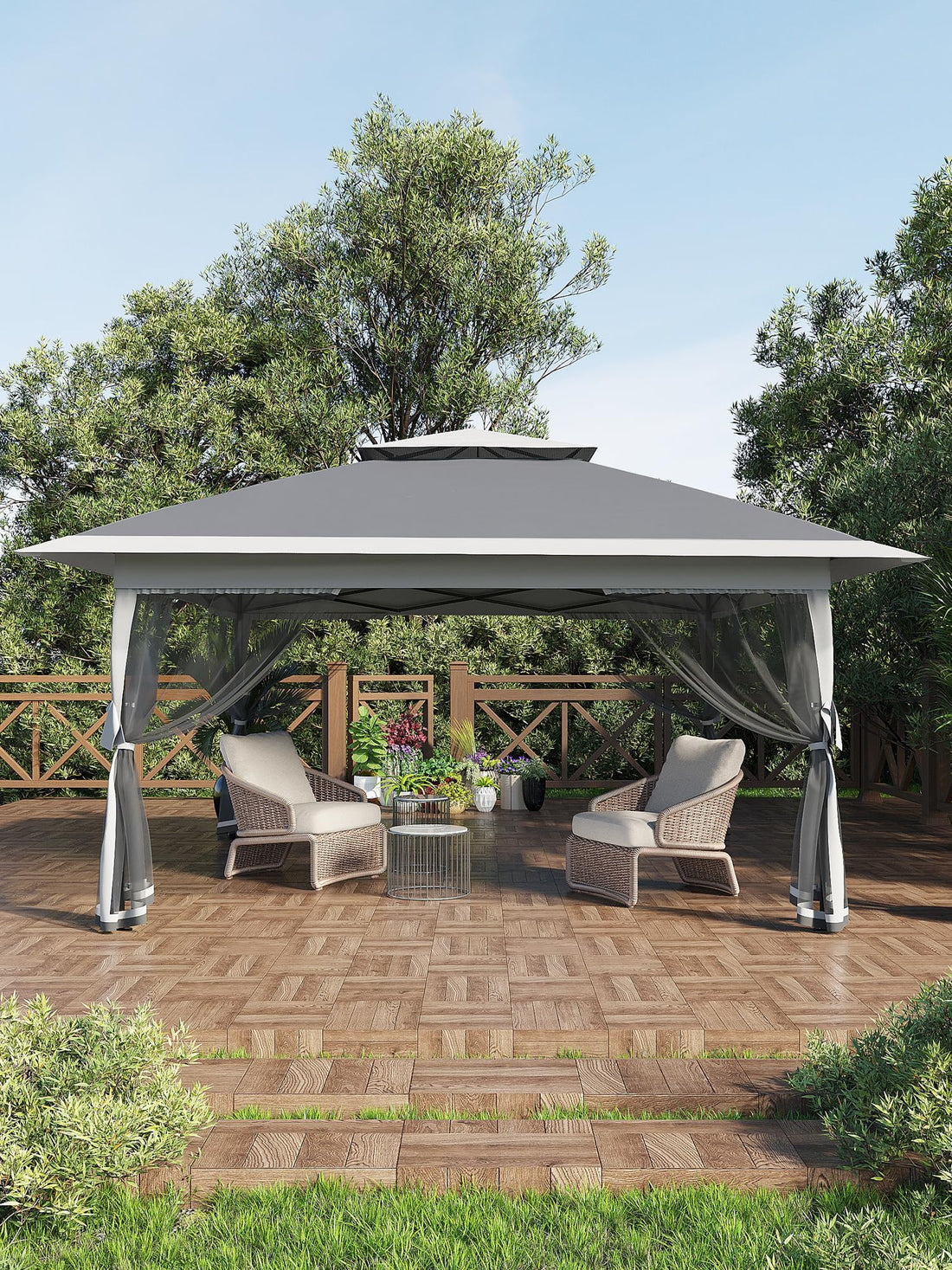 Gazebo pliant Garvee 4 x 4 m avec moustiquaire, structure en acier robuste, jardin et terrasse, argent
