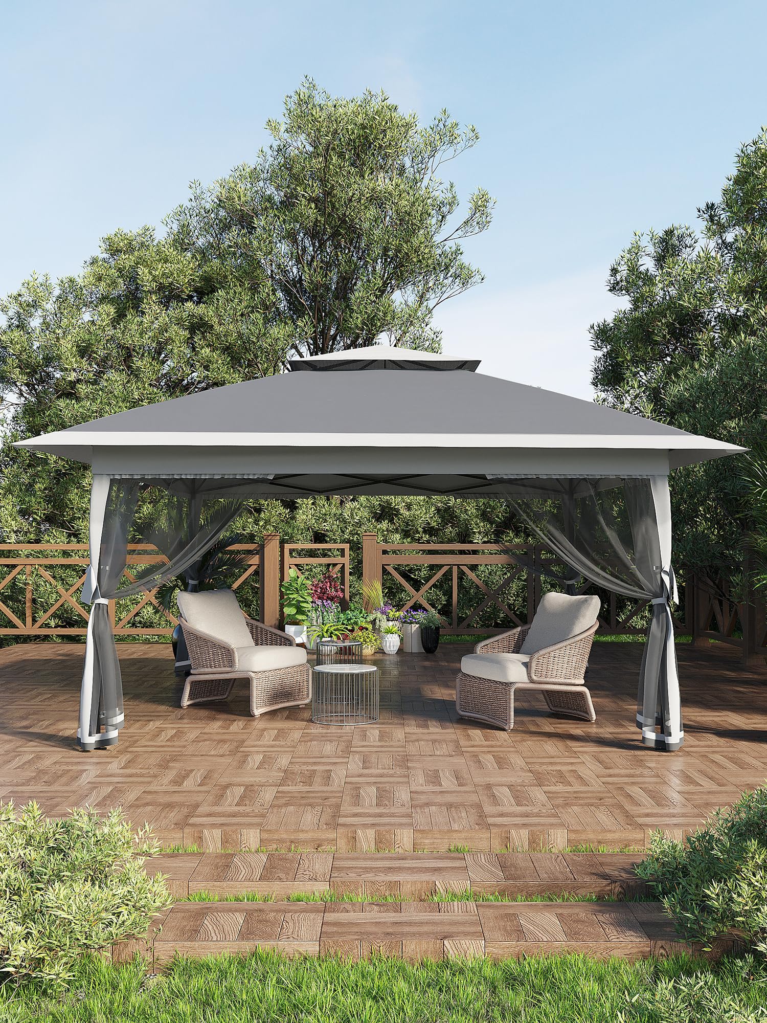 Garvee Tonnelle pliante 396 × 396 cm avec moustiquaire et auvent rétractable One Touch, structure acier robuste, imperméable, protection UV, pour patio et jardin, gris