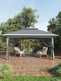 Garvee Tonnelle pliante 396 × 396 cm avec moustiquaire et auvent rétractable One Touch, structure acier robuste, imperméable, protection UV, pour patio et jardin, gris