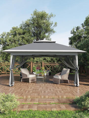 Garvee Tonnelle pliante 396 × 396 cm avec moustiquaire et auvent rétractable One Touch, structure acier robuste, imperméable, protection UV, pour patio et jardin, gris