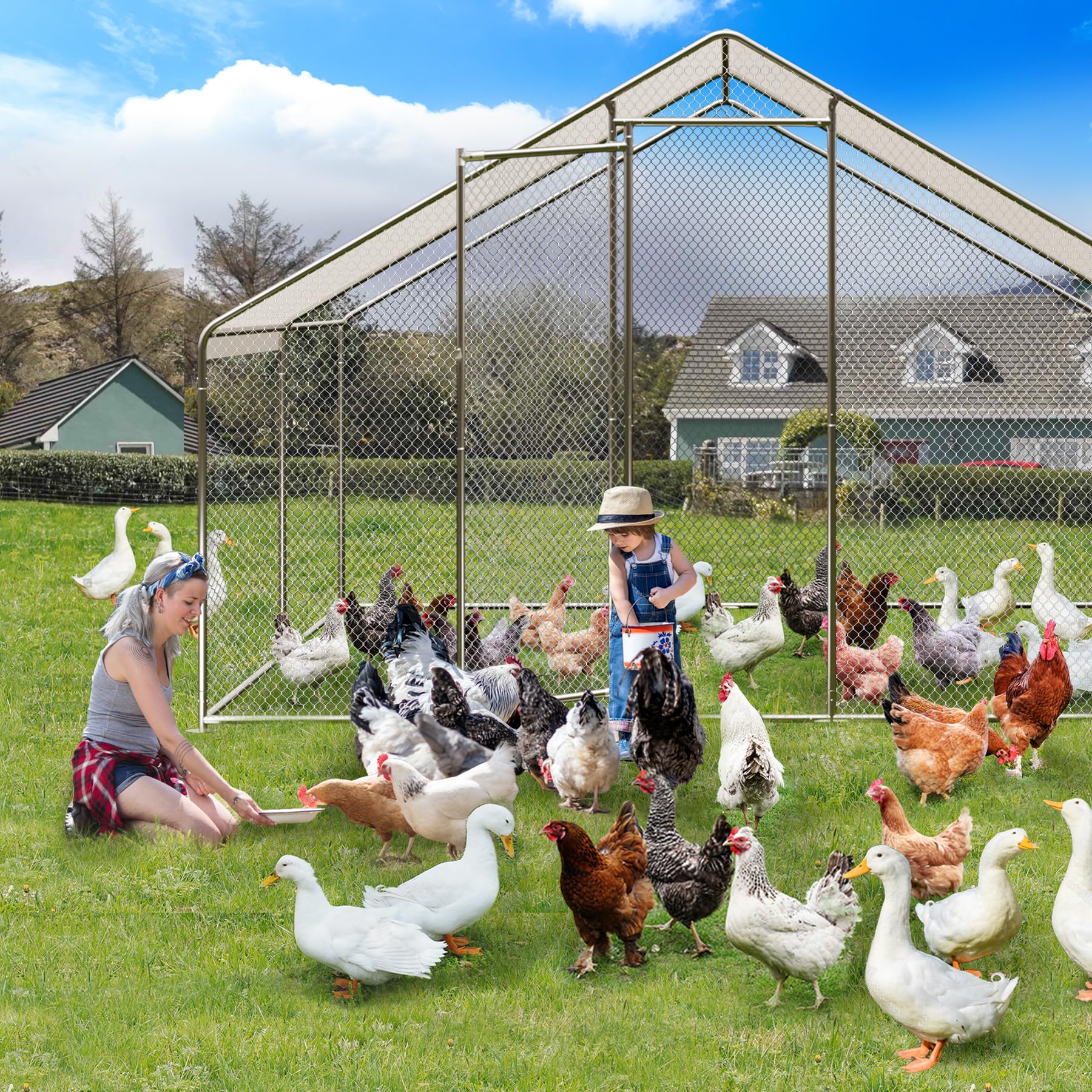Grand Poulailler Métallique GARVEE 9,8 x 13,1 x 6,6 pi – Cage à Poules avec Accès Piéton, Bâche Imperméable et Anti-UV pour Jardin et Ferme – Argent