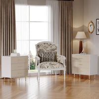 Commode élégante Garvee à 3 tiroirs, blanche avec détails dorés, pour chambre et salon, design minimaliste, construction robuste