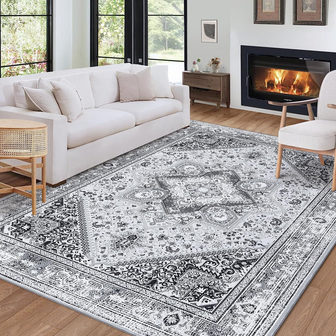 Tapis tribal persan GARVEE 200x290cm gris, lavable, antidérapant, doux, grand format, imprimé, non pelucheux, salon et chambre