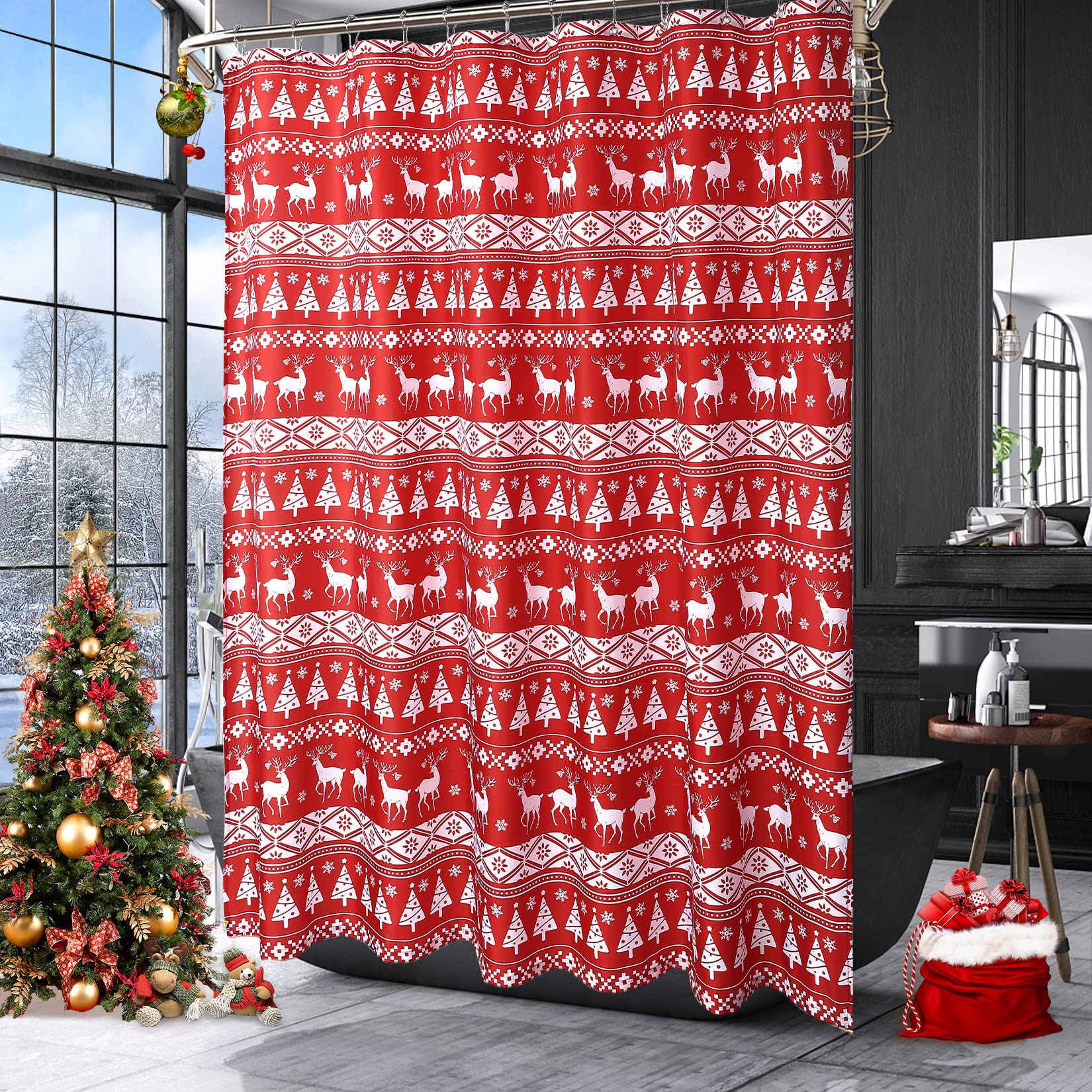 Rideau de douche Garvee Noël avec motif sapin et cerf, imperméable, magnétique, 89 x 183 cm, rouge et blanc, décoration de salle de bain