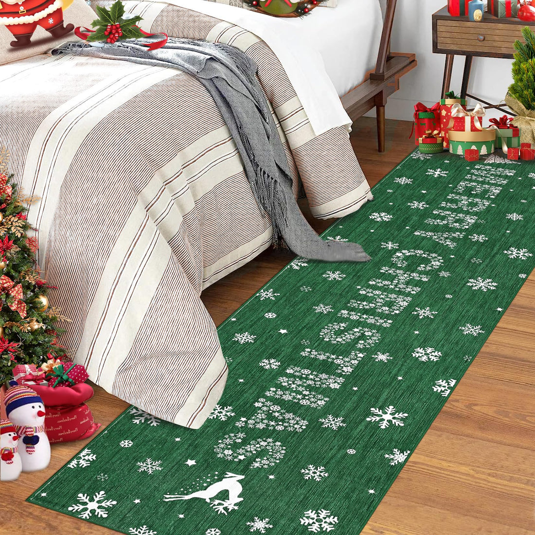 Tapis de Noël Garvee avec motif de cerf, sapin de Noël et flocons de neige, idéal pour couloir, salon ou cuisine, 80 x 150 cm, vert.