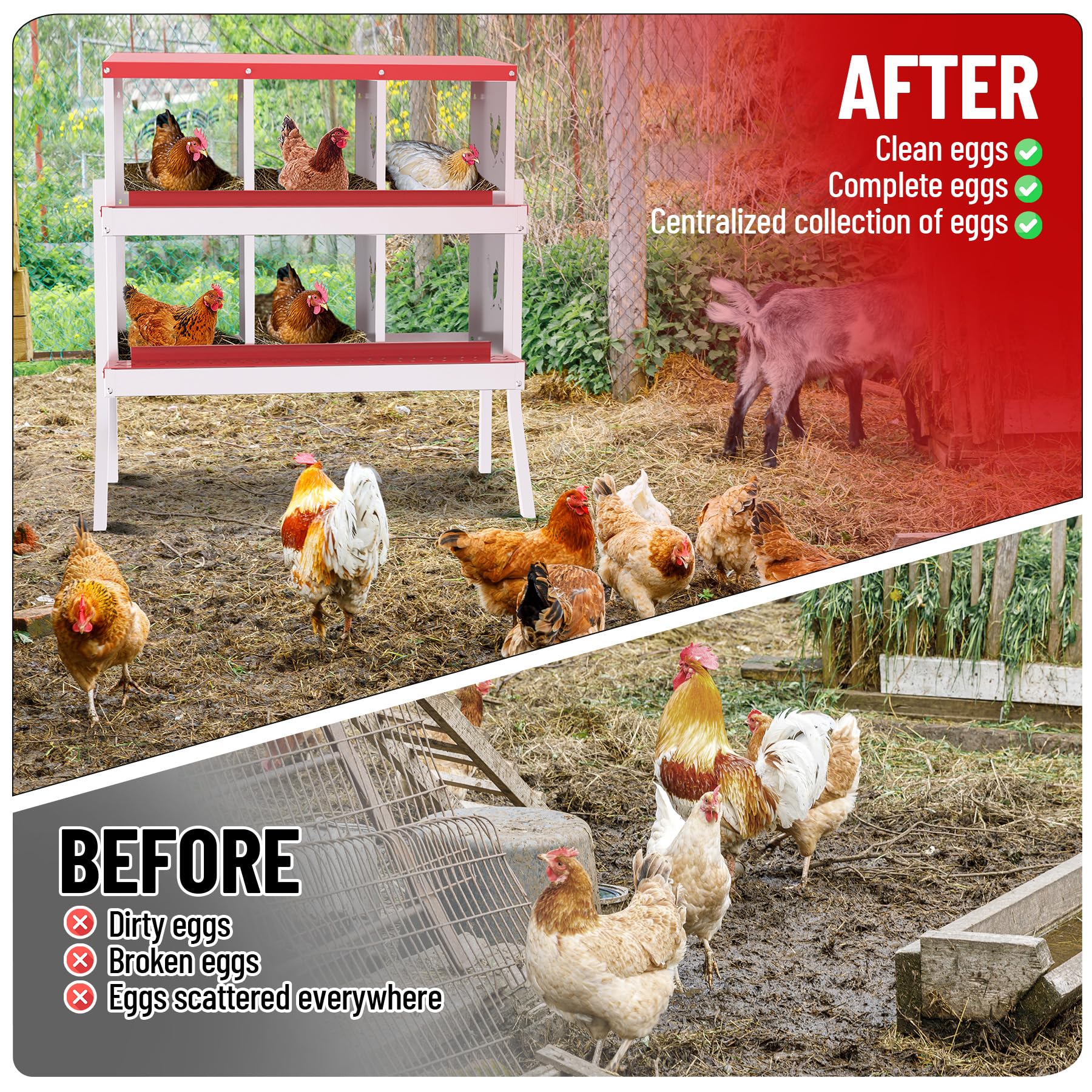 Garvee pondoir pour poules à 6 compartiments avec pieds, collecteur d’œufs automatique en acier galvanisé de 0,7 mm, nichoir avec toit incliné pour volailles, poulailler et ferme, rouge