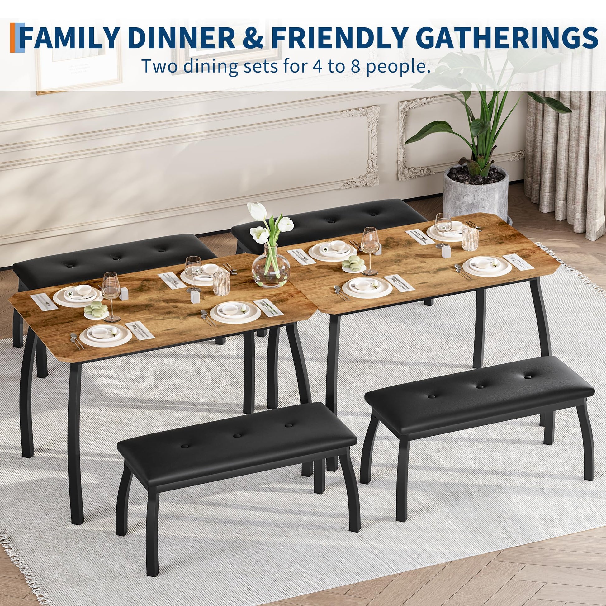 Ensemble de salle à manger rétro Garvee 3 pièces avec table d'angle et 2 bancs rembourrés, structure en métal, revêtement en cuir PU, gain de place, noir, idéal pour les petites pièces