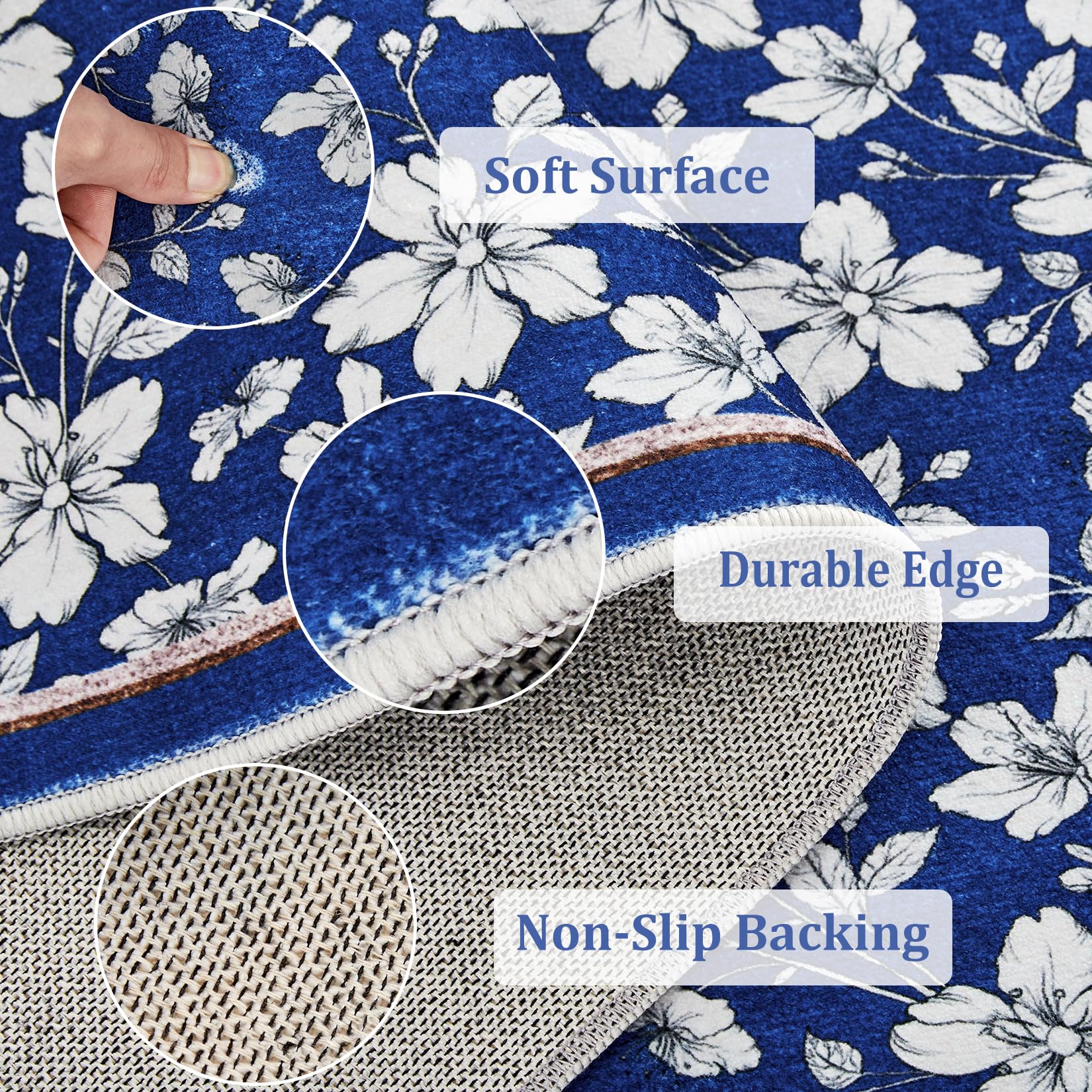 Tapis de salon lavable Garvee, motif floral vintage, poils courts, antidérapant et doux, 120 x 170 cm, bleu