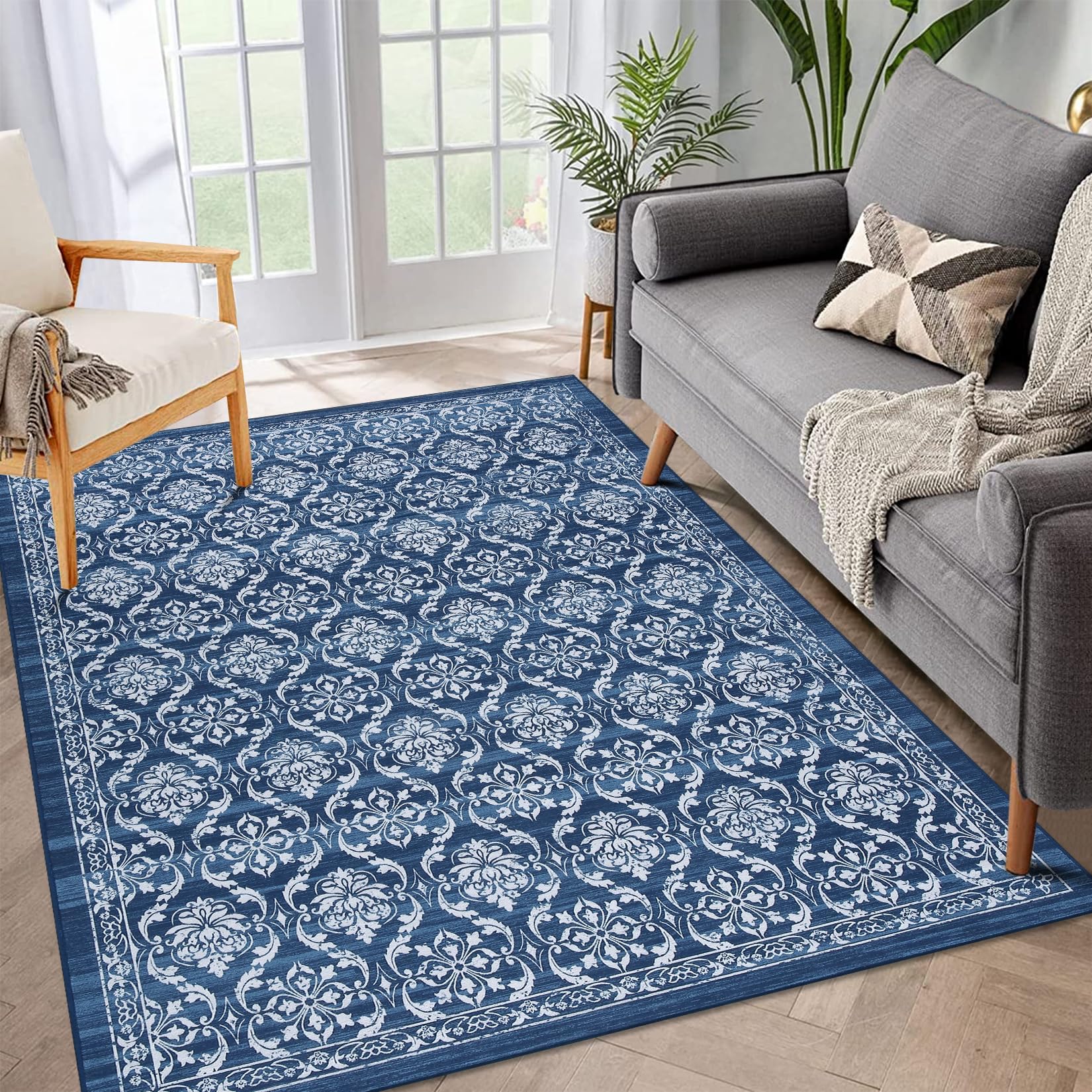 Tapis de couloir antidérapant Garvee style vintage, motif floral et géométrique marocain, bleu, 160 x 230 cm