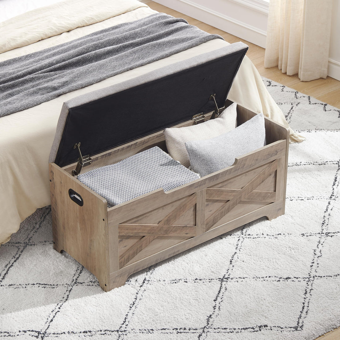 Banc de rangement Garvee avec verrou de sécurité, style campagnard, bois gris, pour couloir et chambre