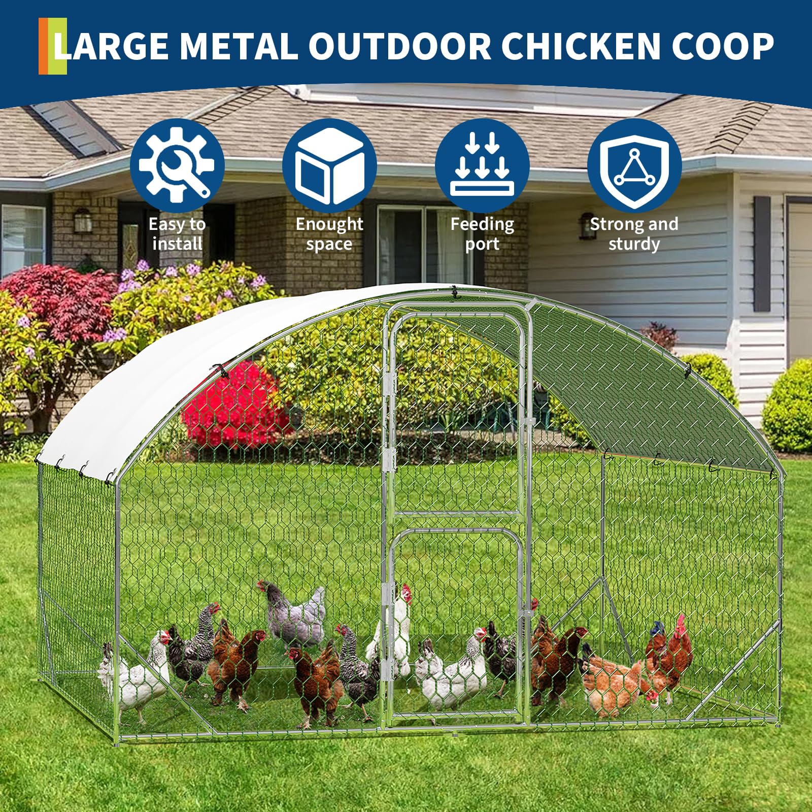 Poulailler Garvee grand format de 2 m (6,5 pi) en métal imperméable avec protection UV, double porte, structure triangulaire renforcée pour poules et canards, jardin