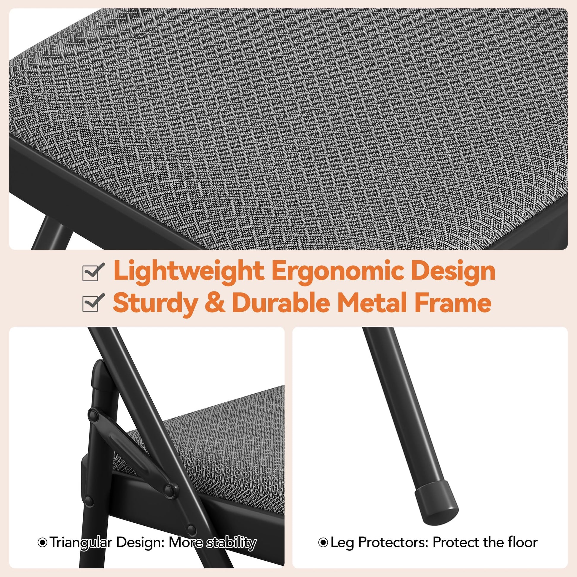 Ensemble de 4 chaises pliantes Garvee avec assises rembourrées, revêtement en coton et lin, structure métallique robuste, pliables et confortables pour la cuisine et le bureau.