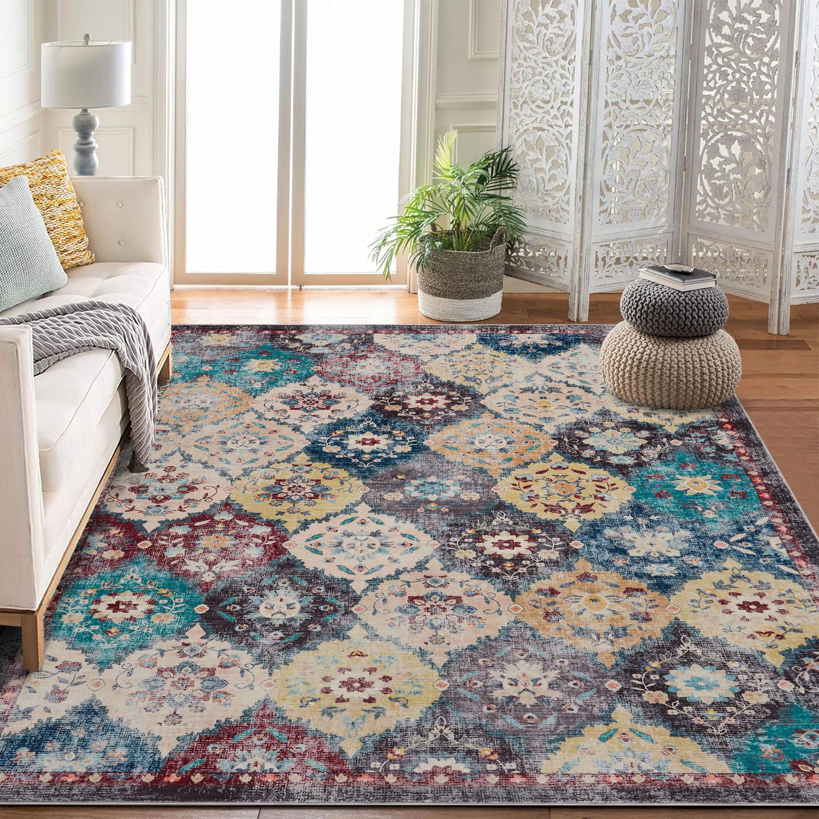 Tapis vintage Garvee grand format 160x230cm, doux, lavable, antidérapant, en polyester, motif bohème, pour salon ou chambre.
