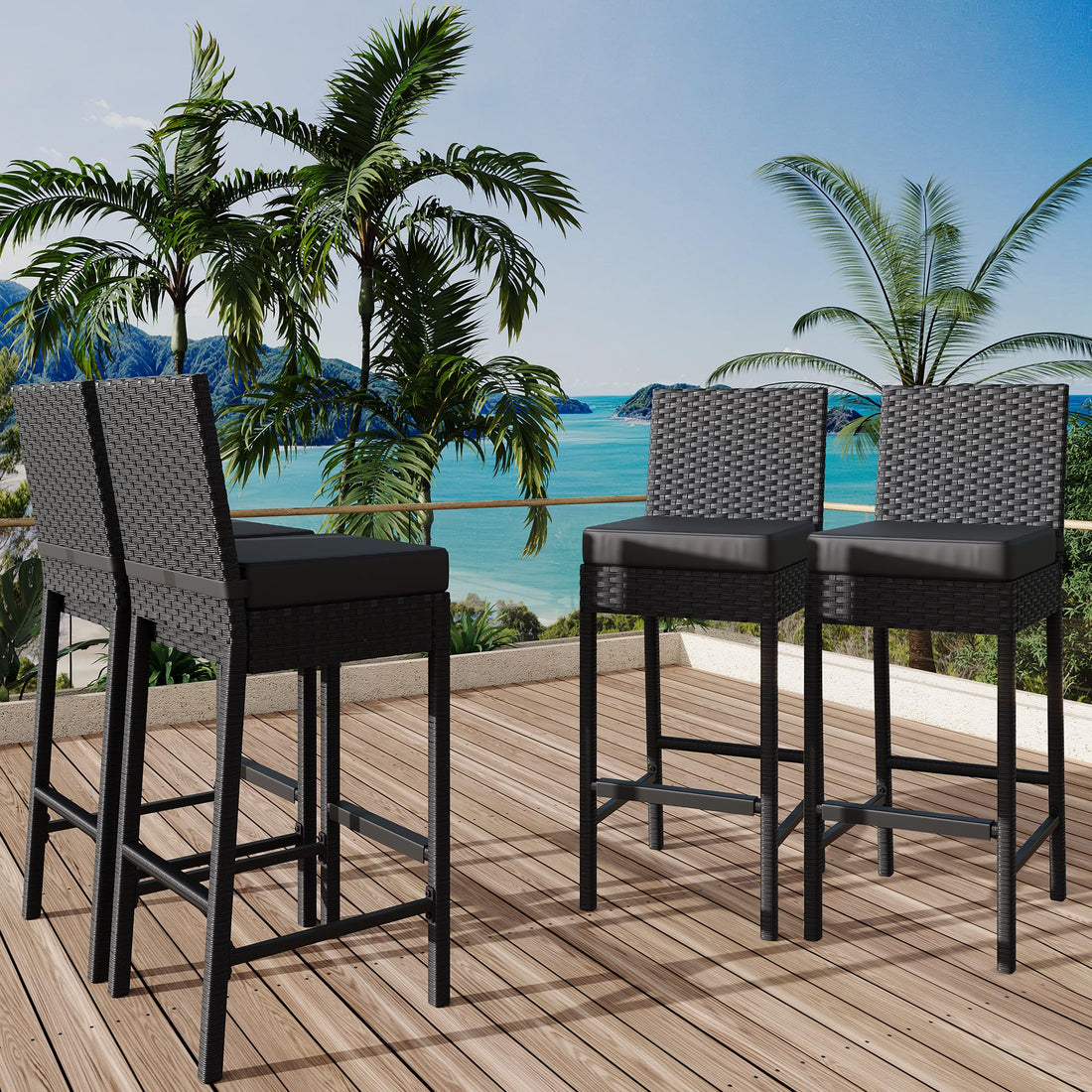 Ensemble de 4 tabourets de bar d'extérieur Garvee en résine tressée - Ergonomiques et robustes - Structure en rotin PE et acier - Pour jardin et terrasse - 40,6 x 45 x 103,6 cm - Noir résistant aux intempéries