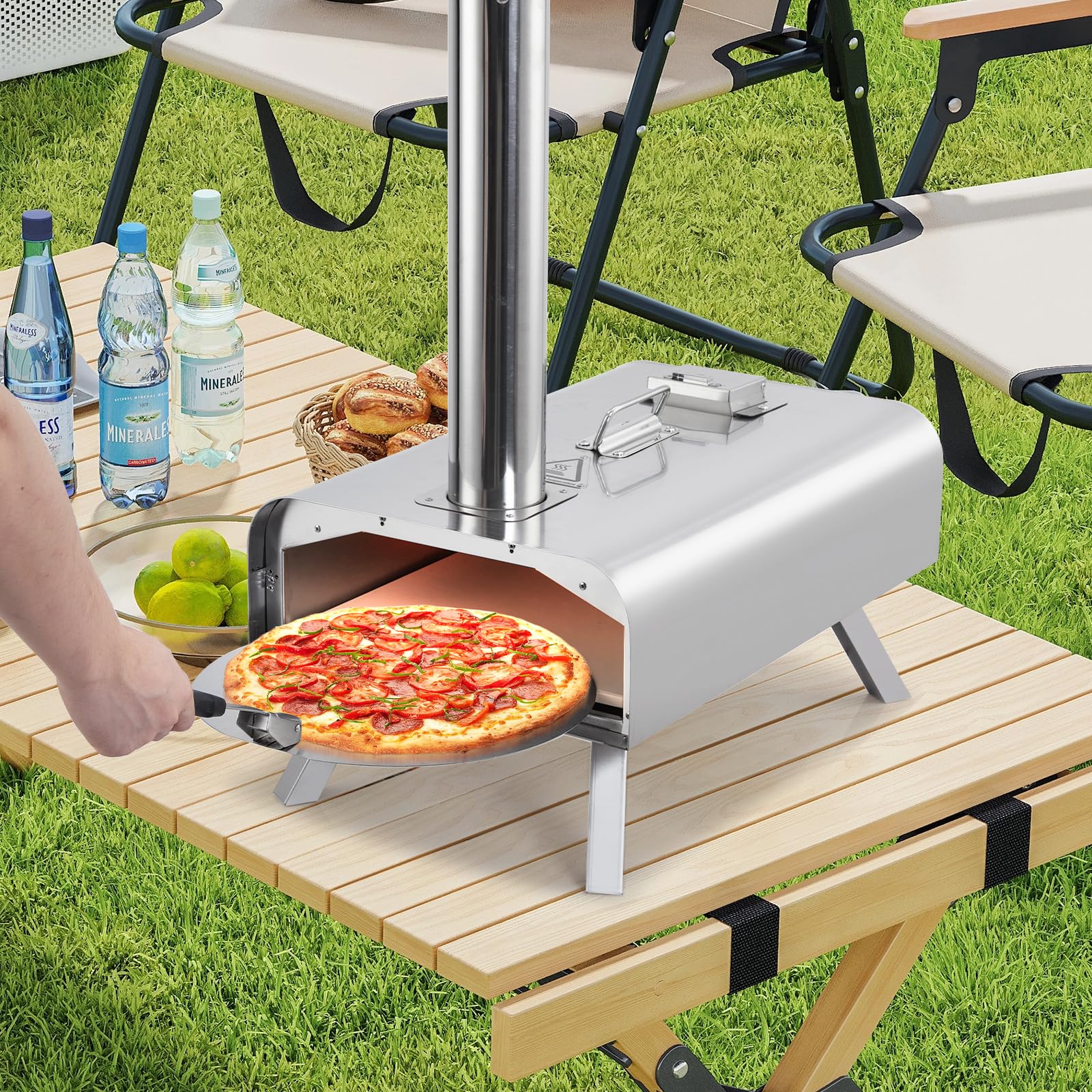 Four à pizza d'extérieur Garvee 12 pouces à granulés de bois, portable, en acier inoxydable, avec thermomètre, pour le camping et le jardin, noir