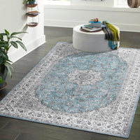 Tapis oriental vintage GARVEE 160 x 230 cm | Antidérapant, résistant à l'eau et aux taches, à poils courts | Tapis classique pour salon, bleu clair