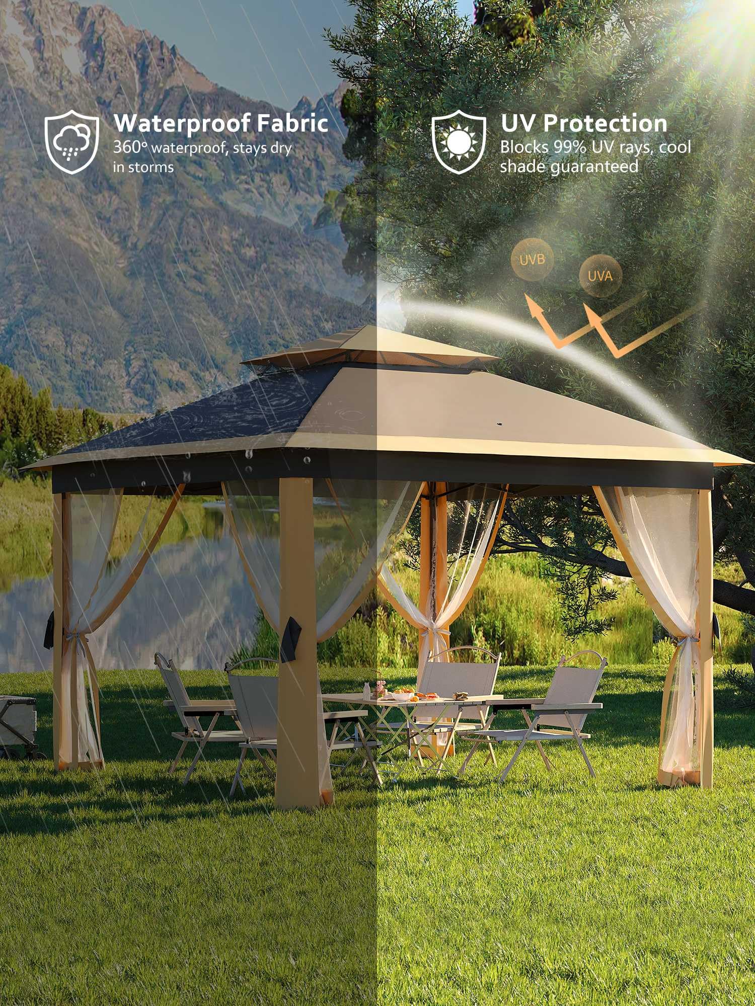 Garvee Tonnelle Pliante 335 x 335 cm avec Moustiquaire, Métal Anticorrosion, Hauteur Réglable, pour Jardin, Terrasse et Camping