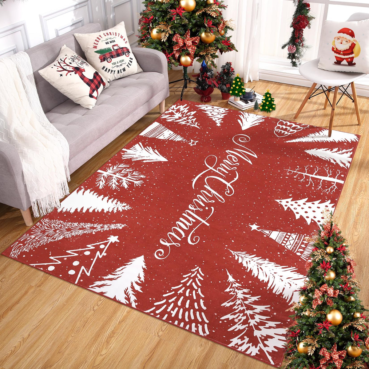 Tapis de Noël lavable Garvee, motif flocons de neige et sapin rouge, 120 x 170 cm, pour salon et chambre